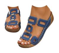 Genérico Metal Accent Wedge Sandals for Women Slip On Platform Sandals Summer Dressy Casual Open Toe Comfortable Walking Shoes Wide Width Soft Leather Non-Slip Low Heel Slides (royal Blue,37)