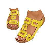 Genérico Metal Accent Wedge Sandals for Women Slip On Platform Sandals Summer Dressy Casual Open Toe Comfortable Walking Shoes Wide Width Soft Leather Non-Slip Low Heel Slides (yellow,36)
