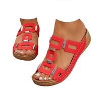 Genérico Metal Accent Wedge Sandals for Women Slip On Platform Sandals Summer Dressy Casual Open Toe Comfortable Walking Shoes Wide Width Soft Leather Non-Slip Low Heel Slides (red,38)