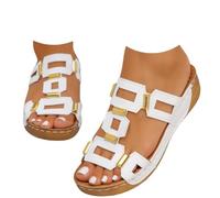 Genérico Metal Accent Wedge Sandals for Women Slip On Platform Sandals Summer Dressy Casual Open Toe Comfortable Walking Shoes Wide Width Soft Leather Non-Slip Low Heel Slides (white,38)