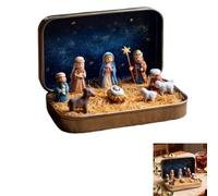 Genérico Mini Christmas Nativity Set in a Tin Box,Handcrafted Pocket Nativity Scene Gift Tin,Portable Scene Decoration Set with Resin Holy Family Sheep and Jesus Figurines for Desk Home