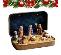 Genérico Mini Christmas Nativity Set in a Tin Box, Portable Handcrafted Pocket-Size Scene Decoration Set, Hand-Painted Jesus and Sheep Figurines Religious Ornament, Gift for Family Friends