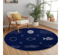 Genérico Minimalismo Alfombra Redonda 120 cm Alfombra Redonda, Dibujo De Líneas Dibujado A Mano Pez Suave Y Antideslizante Azul Oscuro Lavable A Máquina Alfombras para Sala Comedor Habitacion Juvenil