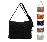 Genérico Minimalist Tassel Women's Clutch - Retro Cotton Rope Woven Bag,2025 Stylish Summer Woven Bag,Vacation Boho Beach Purse (Black)