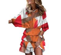 Genérico Minivestido con Estampado Tropical For Mujer: Cuello En V, Manga De Murciélago, Cintura Fruncida Y Dobladillo con Volantes Escalonados(A,L)