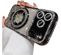 Genérico Mirror Kickstand Glitter Diamond Case for iPhone 17/ Pro MAX/Air, Magnetic Stand Holder, Camera Lens Protector Cover Case for iPhone 17/16/15/14/13/12/11 Pro MAX Air (Black,for 17 Pro MAX)
