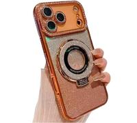 Genérico Mirror Kickstand Glitter Diamond Case for iPhone 17/ Pro MAX/Air, Magnetic Stand Holder, Camera Lens Protector Cover Case for iPhone 17/16/15/14/13/12/11 Pro MAX Air (Orange,for 16)