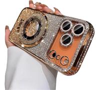 Genérico Mirror Kickstand Glitter Diamond Case for iPhone 17/ Pro MAX/Air, Magnetic Stand Holder, Camera Lens Protector Cover Case for iPhone 17/16/15/14/13/12/11 Pro MAX Air (Rose Gold,for 17)