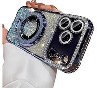 Genérico Mirror Kickstand Glitter Diamond Case for iPhone 17/ Pro MAX/Air, Magnetic Stand Holder, Camera Lens Protector Cover Case for iPhone 17/16/15/14/13/12/11 Pro MAX Air (Blue,for 17 Pro)