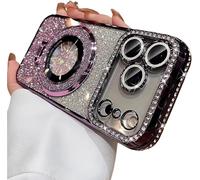 Genérico Mirror Kickstand Glitter Diamond Case for iPhone 17/ Pro MAX/Air, Magnetic Stand Holder, Camera Lens Protector Cover Case for iPhone 17/16/15/14/13/12/11 Pro MAX Air (Purple,for 15)