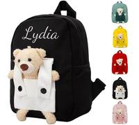 Genérico Mochila Guarderia Personalizada para Niño & Niña, 27 x 21 cm Bolsa Merienda Bebe con Oso Desmontable, Mochilas Infantil Personalizado para Vuelta al Cole, Escolares & Viaje (Negro)