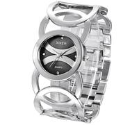 Generico Moda de las mujeres de acero inoxidable Comfort Fit pulsera mesa ajustable moda analógico cuarzo mano emoji regalo para el día del pueblo, Plata y negro., Pulsera