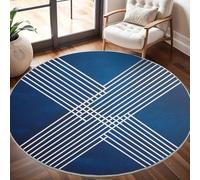Genérico Moderna Alfombras Redondas Pelo Corto 160cm Arte de LíNea Blanca Franela Suave Alfombra Círculo Salón Dormitorio Azul Alfombra Antideslizante Lavable en Lavadora