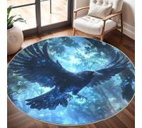 Genérico Moderna Alfombras Redondas Pelo Corto 180cm Cuervo del Bosque de FantasíA Franela Suave Alfombra Círculo Salón Dormitorio Azul Claro Alfombra Antideslizante Lavable en Lavadora