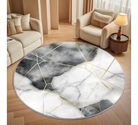 Genérico Moderna Alfombras Redondas Pelo Corto 180cm MáRmol Blanco y Negro Franela Suave Alfombra Círculo Salón Dormitorio LíNeas Doradas Alfombra Antideslizante Lavable en Lavadora