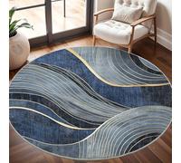 Genérico Moderna Alfombras Redondas Pelo Corto 200cm Arte Abstracto de Ondas Franela Suave Alfombra Círculo Salón Dormitorio Azul GrisáCeo Alfombra Antideslizante Lavable en Lavadora