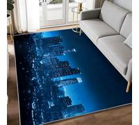 Genérico moderno 80 x 150 cm alfombra moderna de sala de estar, suave paisaje urbano vista nocturna Skyline impreso alfombra - azul marino moqueta antideslizante para comedor, dormitorio, pasillo