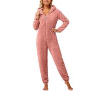 Genérico Mono de forro polar suave para mujer, gran tamaño, ropa de relajación de invierno y primavera cálida de felpa de mono casual con capucha, color sólido, pijama todo en uno, rosa, 5X-Large