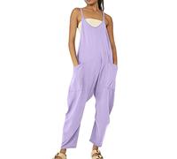 Generico Mono de mujer de verano de lino con curvas cómodas, sueltos largos informales de color liso, pantalones de playa con bolsillo elegante y largo playsuit Baggy sin mangas mono de trabajo