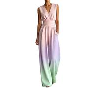 Genérico Mono Largo Mujer - Elegante de Vestir Jumpsuit Verano Lino Cuello en V Sin Mangas Estampado Floral Cintura Alta con Bolsillos Ropa Ligera Cómoda para Bodas Fiesta Playa Tallas Grandes