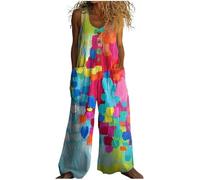 Genérico Mono Largo Mujer Verano de Algodón y Lino, Diseño Bohemio con Estampado Artístico Colorido, Sin Mangas con Botones y Bolsillos, Peto Holgado de Pernera Ancha para Playa y Diario