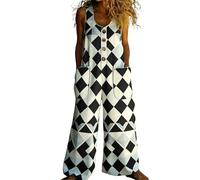 Genérico Mono Largo Mujer Verano - de Algodón y Lino Peto Holgado de Pierna Ancha con Estampado Floral Artístico Tirantes Ajustables y Bolsillos Fresco para Diario Playa Vacaciones Casual
