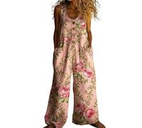 Genérico Mono Largo Mujer Verano - de Algodón y Lino Peto Holgado de Pierna Ancha con Estampado Floral Artístico Tirantes Ajustables y Bolsillos Fresco para Diario Playa Vacaciones Casual