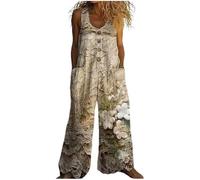 Genérico Mono Largo Mujer Verano Estilo Boho, Peto Holgado de Algodón y Lino con Estampado de Flores, Mono Sin Mangas con Bolsillos y Pierna Ancha para Vacaciones Playa y Diario Casual