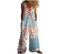 Genérico Mono Largo Mujer Verano Estilo Boho, Peto Holgado de Algodón y Lino con Estampado de Flores, Mono Sin Mangas con Bolsillos y Pierna Ancha para Vacaciones Playa y Diario Casual