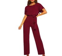 Genérico Mono Liso Mujer Pierna Ancha Elegante Verano Conjunto Entero Casual Trabajo Vacaciones Viaje Tallas Grandes Confort(Wine,L)