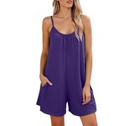 Genérico Mono Mujer Trabajo - Monos Mujer Elegantes Fiesta - Mono Corto De Verano Sin Mangas con Cuello Redondo Y Tirantes Finos De Color Liso con Bolsillos