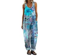 Genérico Mono Mujer Verano Largo Sin Mangas Peto Estampado Floral Jumpsuit Holgado con Bolsillos Pantalón de Pierna Ancha Casual Boho Vintage Elegante Playa Fiesta Suave y Transpirable