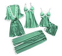 Genérico Mono Mujer Verano Pijama Mujer Seda Conjunto De De Lencería para con Cuello Encaje En V Profundo Interior Sexy 5 Piezas Dormir para Pijamas Mint Green XL