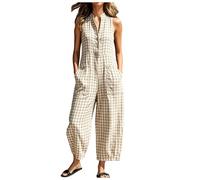 Genérico Mono Peto a Cuadros y para Mujer Verano Sin Mangas Cuello en V Pierna Ancha Holgado Algodón Lino con Bolsillos Botones Ligero Informal Estilo Boho para Playa Vacaciones Ocio (Beige, S)