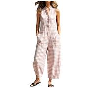 Genérico Mono Peto a Cuadros y para Mujer Verano Sin Mangas Cuello en V Pierna Ancha Holgado Algodón Lino con Bolsillos Botones Ligero Informal Estilo Boho para Playa Vacaciones Ocio (XXXL)