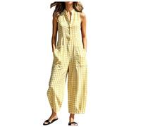 Genérico Mono Peto a Cuadros y para Mujer Verano Sin Mangas Cuello en V Pierna Ancha Holgado Algodón Lino con Bolsillos Botones Ligero Informal Estilo Boho para Playa Vacaciones Ocio (Yellow, XXXL)