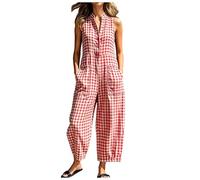 Genérico Mono Peto a Cuadros y para Mujer Verano Sin Mangas Cuello en V Pierna Ancha Holgado Algodón Lino con Bolsillos Botones Ligero Informal Estilo Boho para Playa Vacaciones Ocio (Red, S)