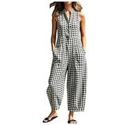 Genérico Mono Peto a Cuadros y para Mujer Verano Sin Mangas Cuello en V Pierna Ancha Holgado Algodón Lino con Bolsillos Botones Ligero Informal Estilo Boho para Playa Vacaciones Ocio (XL)