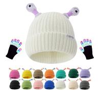 Genérico Monster Tentacle Hat, Winter Parent-Child Cute Glowing Little Monster Knit Hat with Light Up Gloves (White)