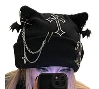 Genérico Mütze Mit Katzenohren | Gehäkelt Punk-Design mit Kette | Streetwear Goth Hut für Frauen und Teens | Ideal für Weihnachten, Outdoor, Party, Cosplay
