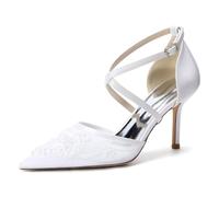 Genérico Mujer Correa Cruzada En El Tobillo Zapatos De Novia Punta Puntiaguda Malla Zapatos De Vestir con Perlas Tacón Alto De Aguja Zapatos De Fiesta De Boda De Graduación,Blanca,40 EU
