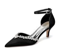 Genérico Mujer Correa De Tobillo Zapatos De Boda para Novia Punta Puntiaguda Satén Zapatos De Vestir con Diamantes De Imitación Tacón Bajo Tipo Gatito Zapato para Fiesta De Graduación,Negro,36 EU