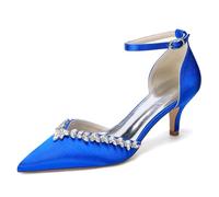 Genérico Mujer Correa De Tobillo Zapatos De Boda para Novia Punta Puntiaguda Satén Zapatos De Vestir con Diamantes De Imitación Tacón Bajo Tipo Gatito Zapato para Fiesta De Graduación,Azul,36 EU