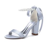 Genérico Mujer Correa En El Tobillo Zapatos De Boda para Novia Punta Abierta Satén Zapatos para Novia O Dama De Honor Tacón Grueso De Bloque Sandalias De Fiesta De Graduación,Plata,36 EU