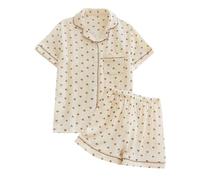 Genérico Mujer Crepé Verano Seersucker Solapa Manga Corta Pantalones Cortos Loving Home Wear Conjunto de Pijamas (Beige, M)