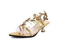 Genérico Mujer Decoración Hoja Metálica Punta Afilada Slingback Sandalias Tacón Gatito Escultural Correa PVC Transparente Hebilla Tobillo Ajustable Suela Antideslizante,Oro,43 EU