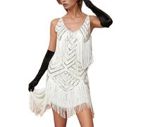 Genérico Mujer Flapper Vestidos 1920s Cuello En V con Flecos Vestido Estilo con Lentejuelas de los Años 20 Vestidos de Fiesto Retro Vestido de Navideño Carnival Cóctel Festival para Mujer (White, XL)