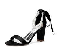 Genérico Mujer Perla Correa De Tobillo Zapatos De Novia Y Damas De Honor Punta Abierta Satén Sandalias De Vestir Tacón Grueso Alto Zapatos para Bodas De Fiesta De Graduación,Negro,37 EU