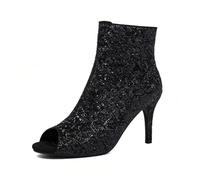 Genérico Mujer Punta Abierta Botines De Novia con Cremallera Lateral Tacón Alto De Aguja Botines Cortos De Verano Zapatos De Boda con Purpurina para Fiesta O Baile De Graduación,Negro,38.5 EU