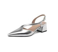 Genérico Mujer Punta Picuda Slingback Tacones Tira T Tacón Bloque Sin Espalda Acabado Metálico Hebilla Tobillo Ajustable Vestido Zapatos,Plata,38 EU